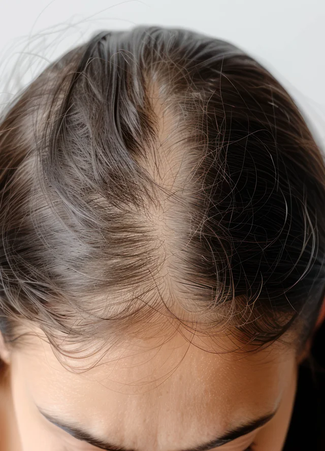 Woman with thinning hair along her part