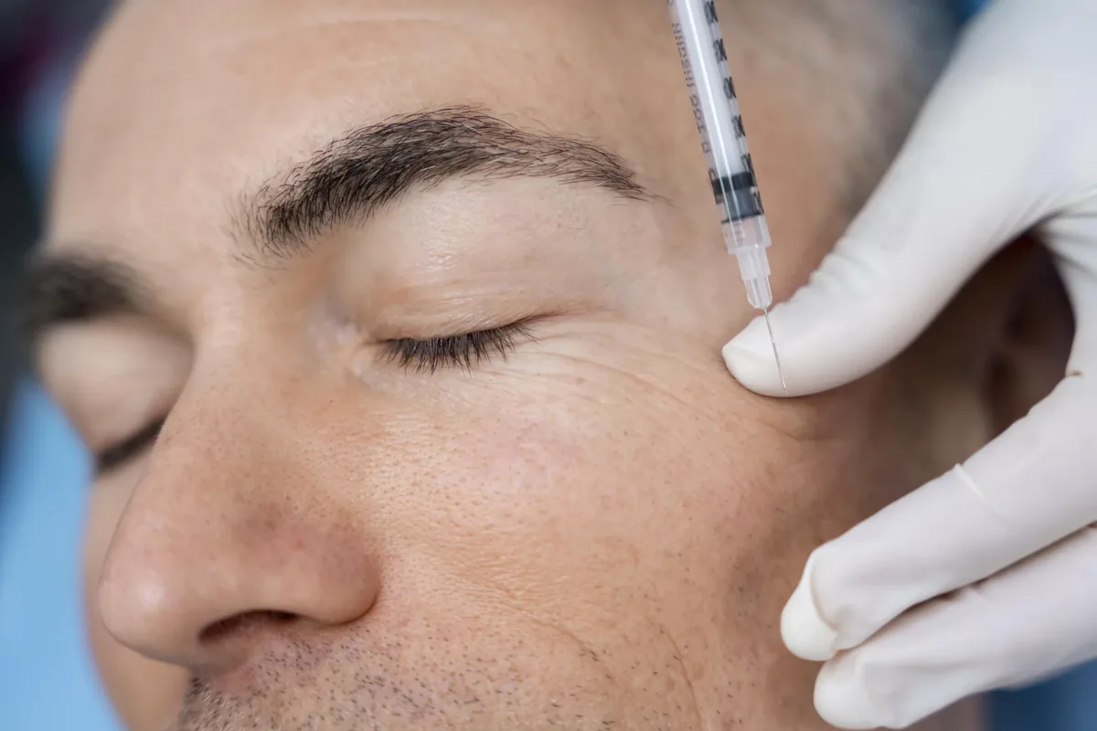 Male patient receiving an injection around the eye area